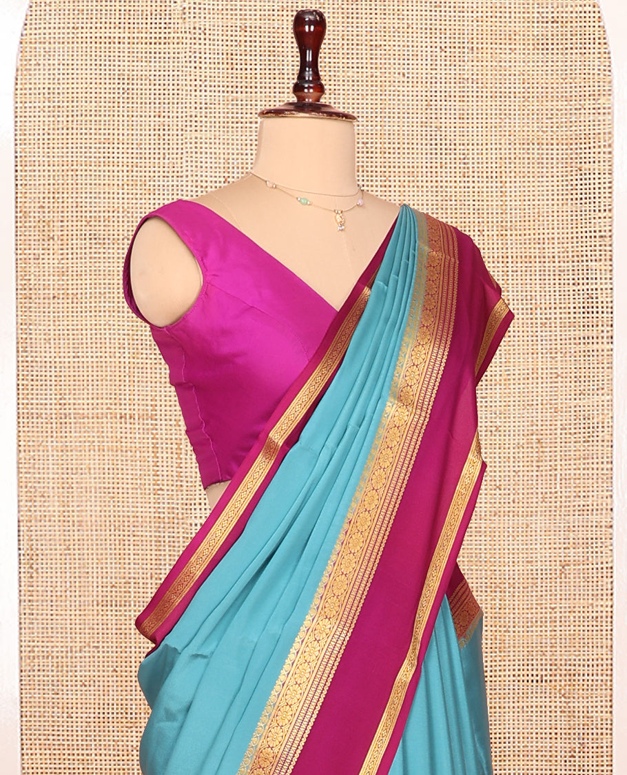 Blue Plain Mysore Silk Saree, Complemented by Captivating Contrast Border of Traditional Zari Designs, Zari Striped Pallu and Paired with a Contrast Blouse
