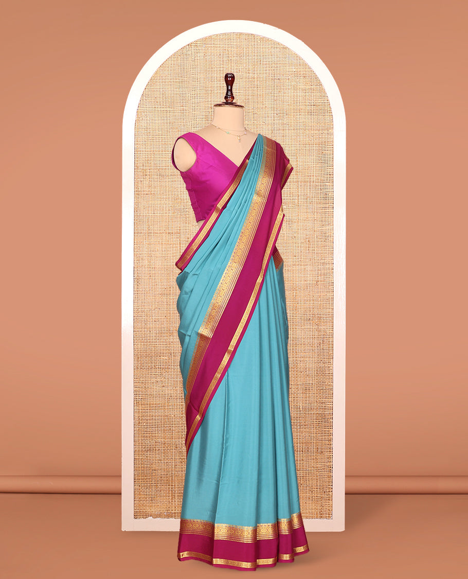 Blue Plain Mysore Silk Saree, Complemented by Captivating Contrast Border of Traditional Zari Designs, Zari Striped Pallu and Paired with a Contrast Blouse