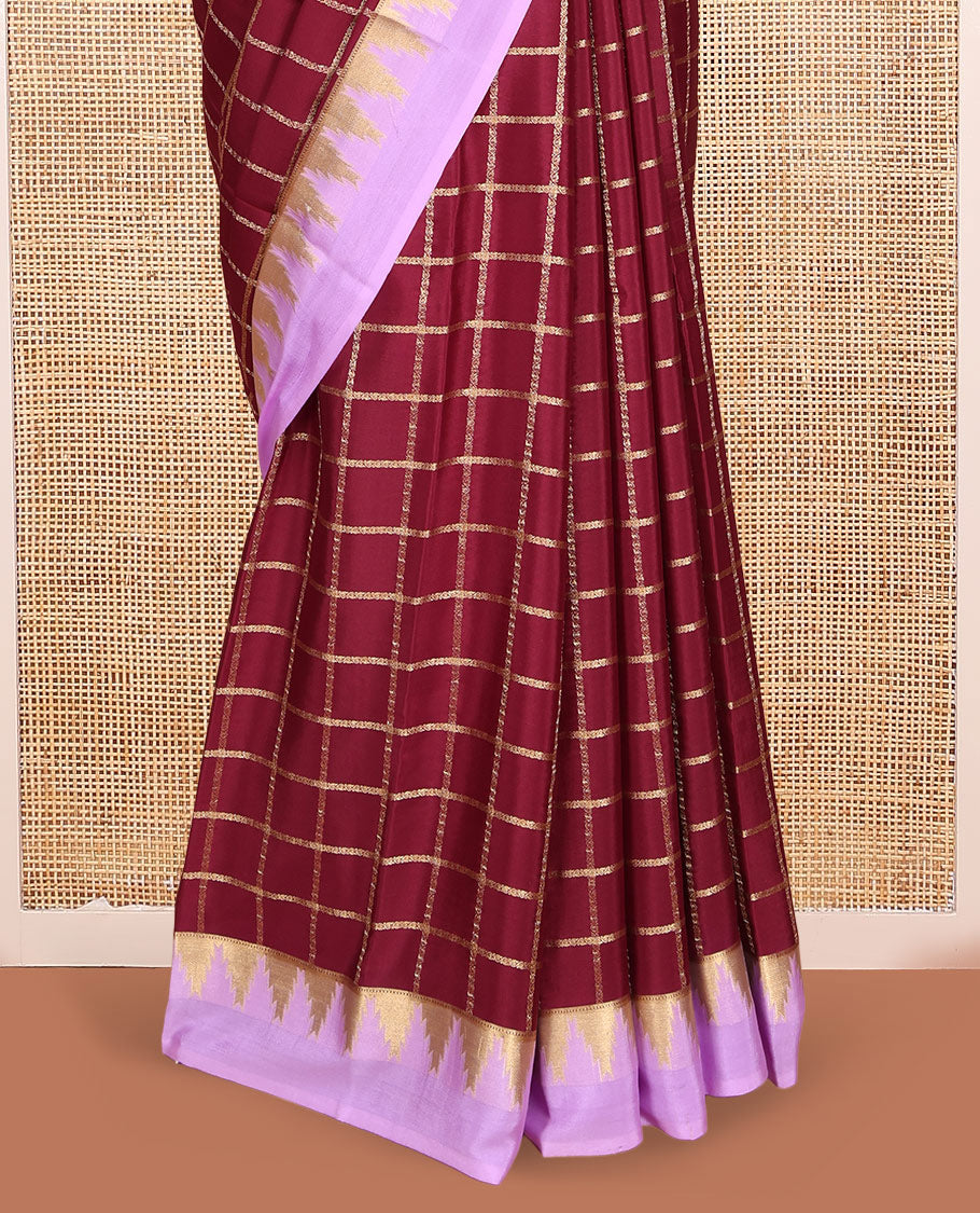 Maroon Mysore Silk Saree Features Checked Pattern, Contrast Temple Border, a Grand Pallu, and a Contrast Blouse