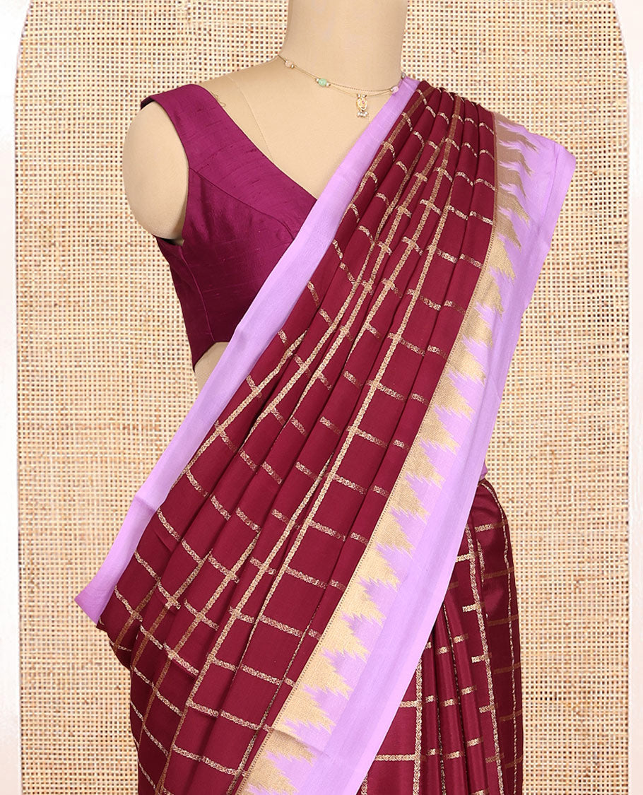 Maroon Mysore Silk Saree Features Checked Pattern, Contrast Temple Border, a Grand Pallu, and a Contrast Blouse