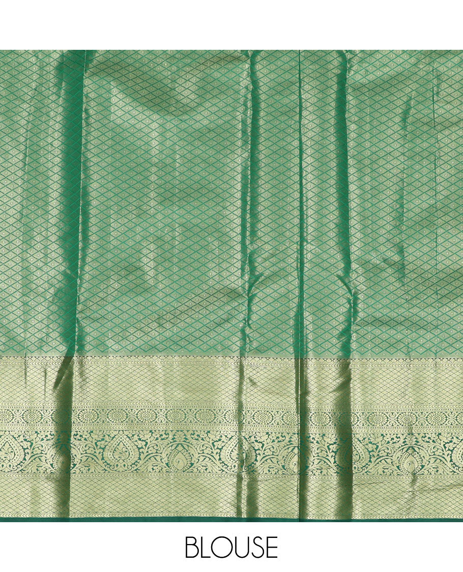 Pink floral vine jacquard art-silk half-saree, contrast jacquard blouse, and a floral design dhavani