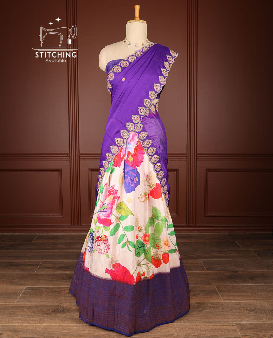 White floral design half saree with contrast zari design border, zari design blouse & leaf embroidery scallop border dhavani