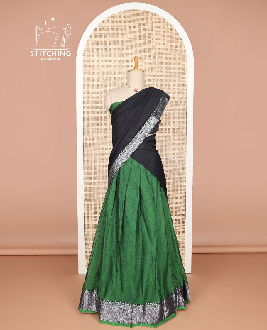 Green cotton half saree with contrast zari design border, zari design blouse & intricate zari design border dhavani