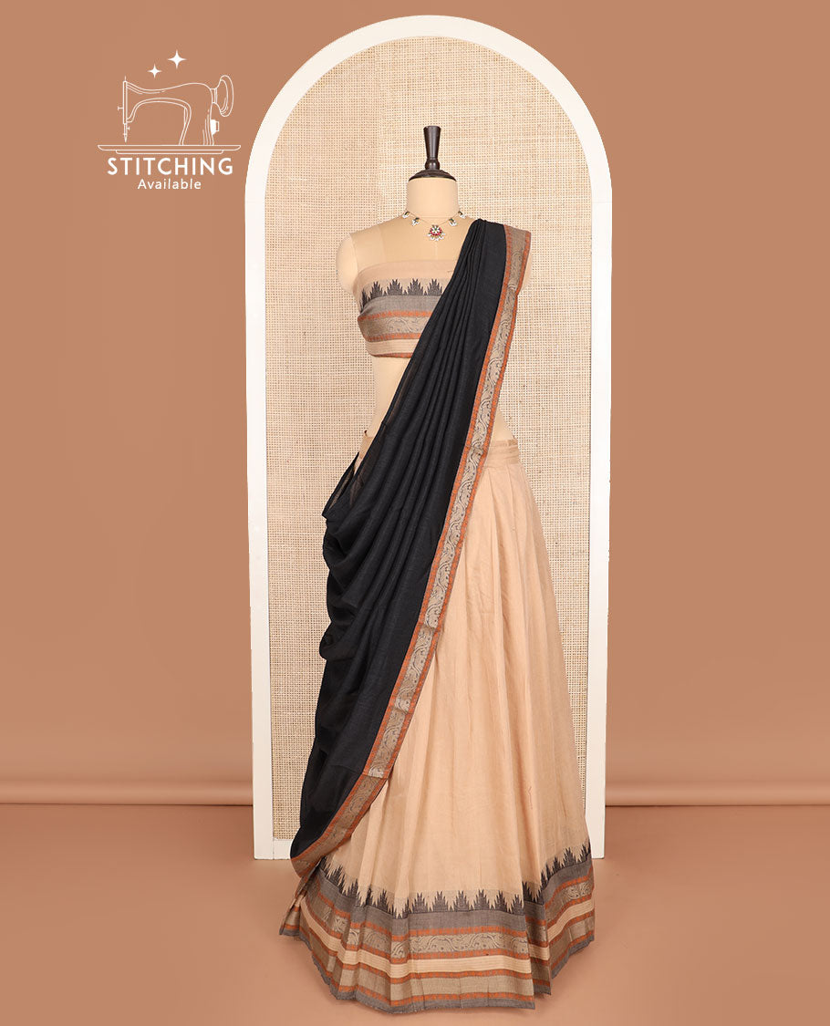 Sandal cotton half-saree, plain with traditional motifs woven bordered skirt, matching blouse, and a contrast bordered dhavani