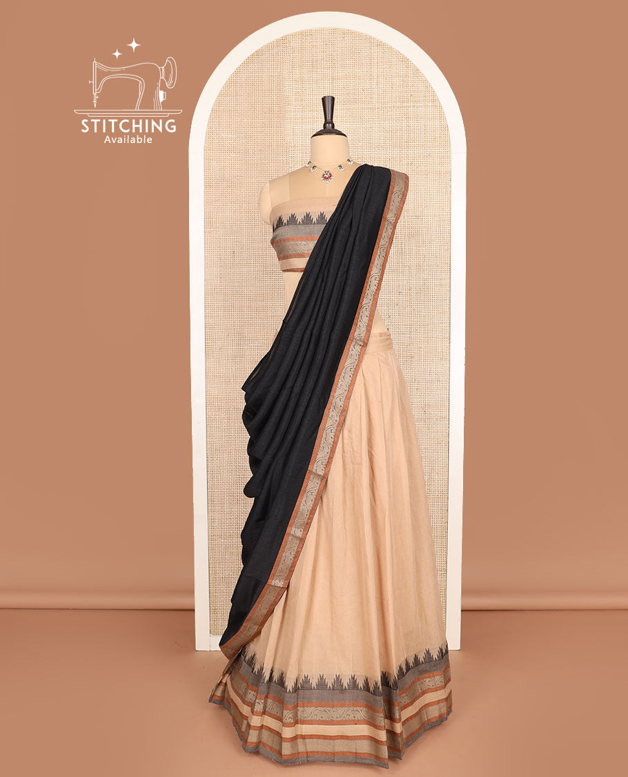Sandal cotton half-saree, plain with traditional motifs woven bordered skirt, matching blouse, and a contrast bordered dhavani