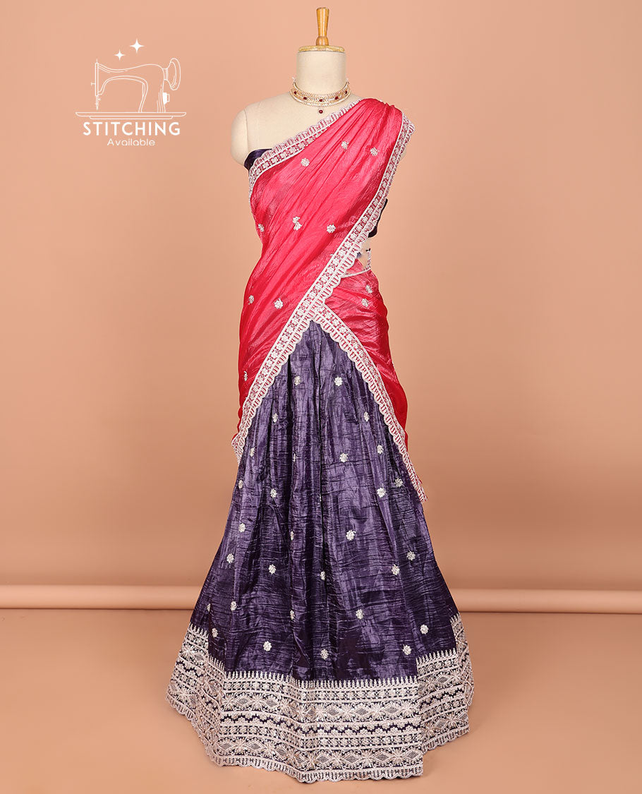 Violet floral embroidered half saree with self embroidered border, floral embroidery blouse & floral buttas , scallop border dhavani