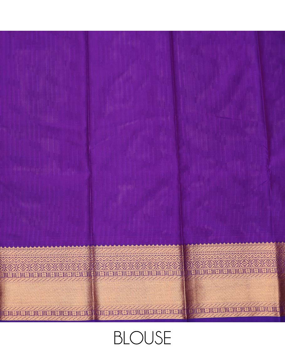 Magenta art silk pavadai material, zari buttas with contrast traditional zari bordered skirt, and a contrast bordered blouse