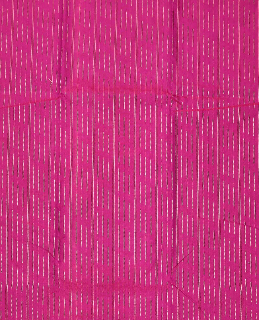 Magenta art silk pavadai material, zari buttas with contrast traditional zari bordered skirt, and a contrast bordered blouse