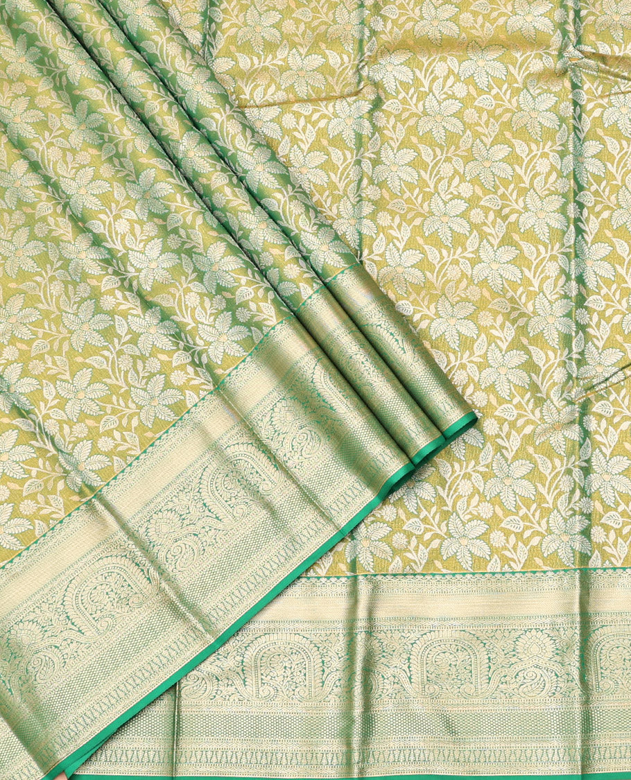 Green Art Silk Half-Saree, Bedecked with Leaf Jacquard Design, Contrast Traditional Zari Border, and Paired with a Matching Blouse