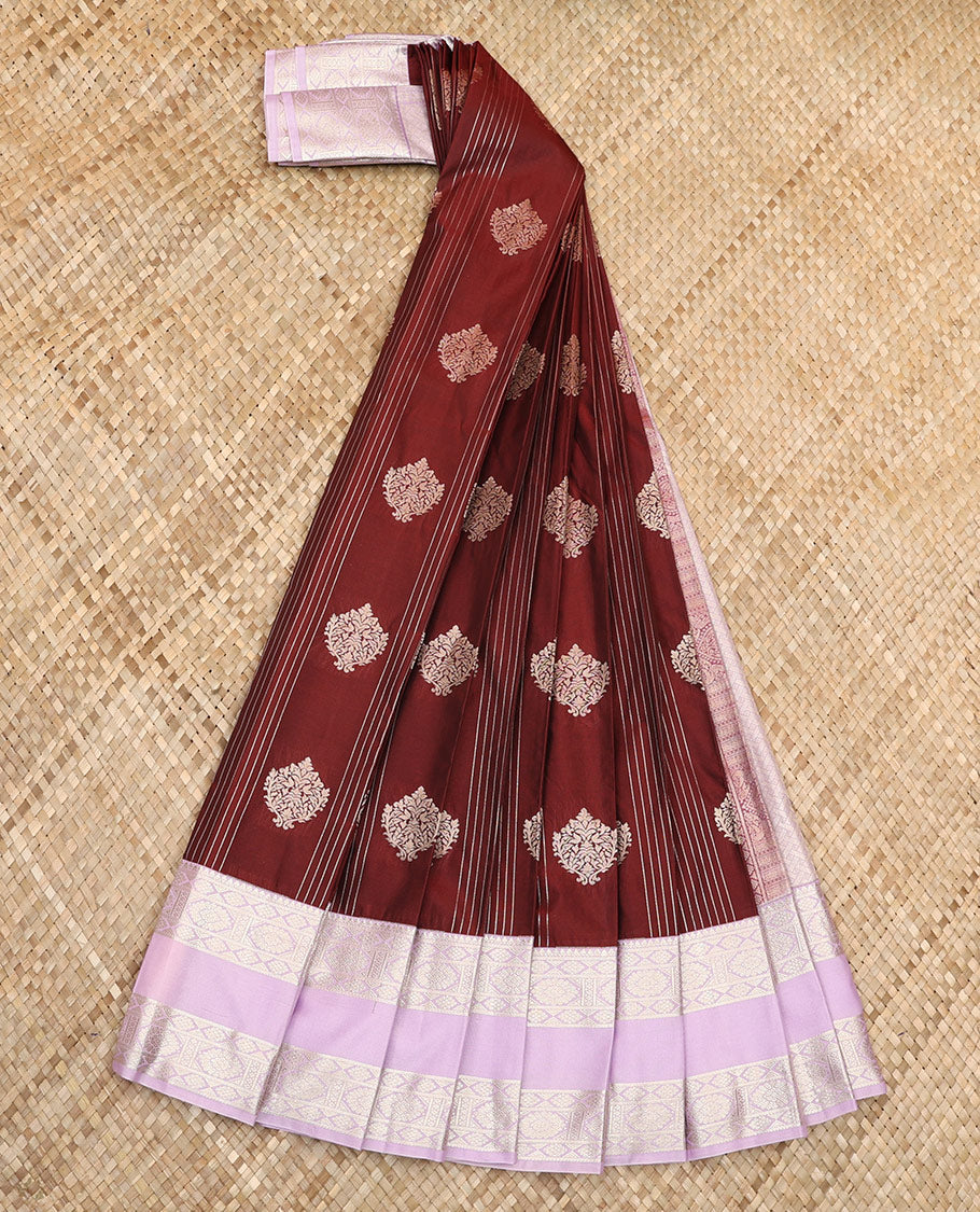 Maroon Budget Silk Saree Featuring a Zari Stripes and Zari Buttas, Highlighted by a Contrast Traditional Zari-Design Rettai Pettu Border, Pallu of Jaal Design, and Paired with a Contrast Blouse