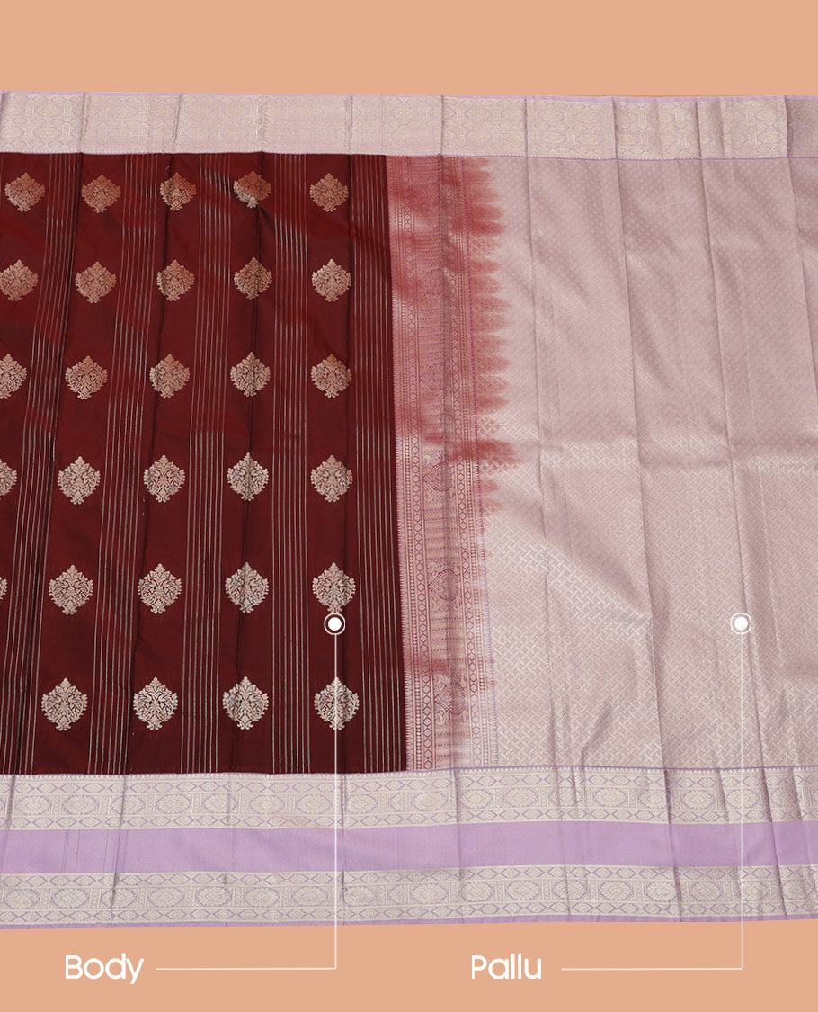 Maroon Budget Silk Saree Featuring a Zari Stripes and Zari Buttas, Highlighted by a Contrast Traditional Zari-Design Rettai Pettu Border, Pallu of Jaal Design, and Paired with a Contrast Blouse