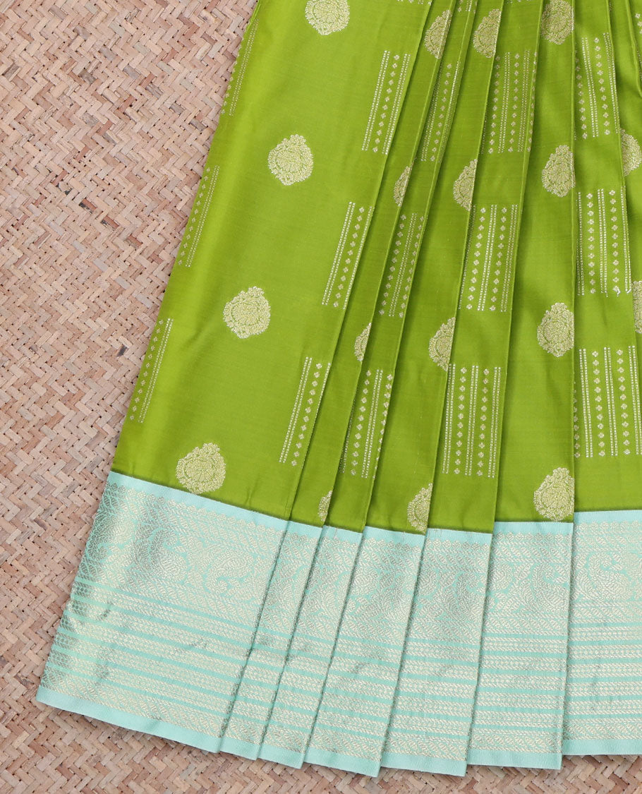 Green Budget Silk Saree, Richly Detailed with Zari Buttas All Over Its Body, Complemented by a Contrast Traditional Zari Design Border of Paisleys, Sparsely Woven Pallu of Jaal Designs, and Paired with a Contrast Blouse