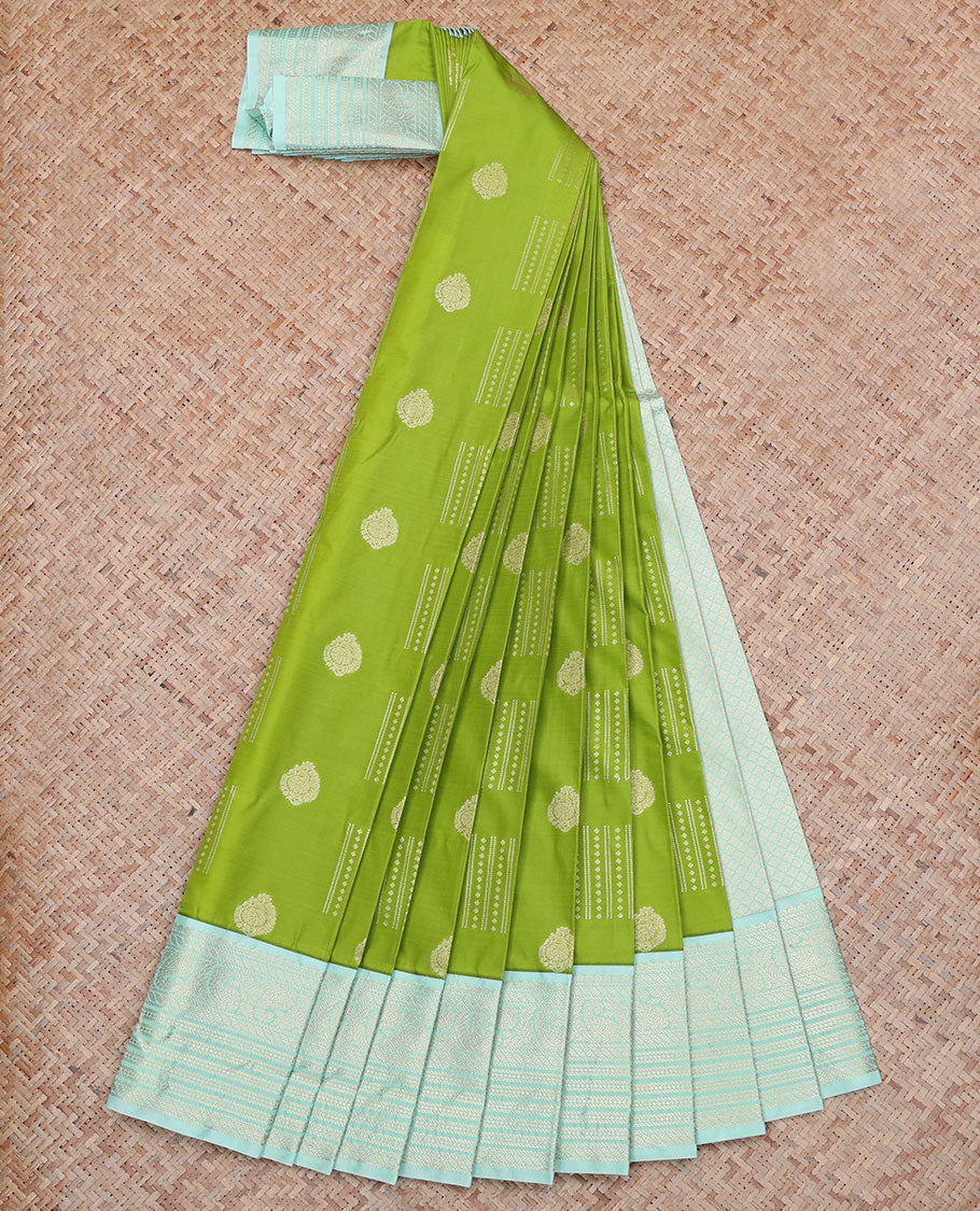 Green Budget Silk Saree, Richly Detailed with Zari Buttas All Over Its Body, Complemented by a Contrast Traditional Zari Design Border of Paisleys, Sparsely Woven Pallu of Jaal Designs, and Paired with a Contrast Blouse