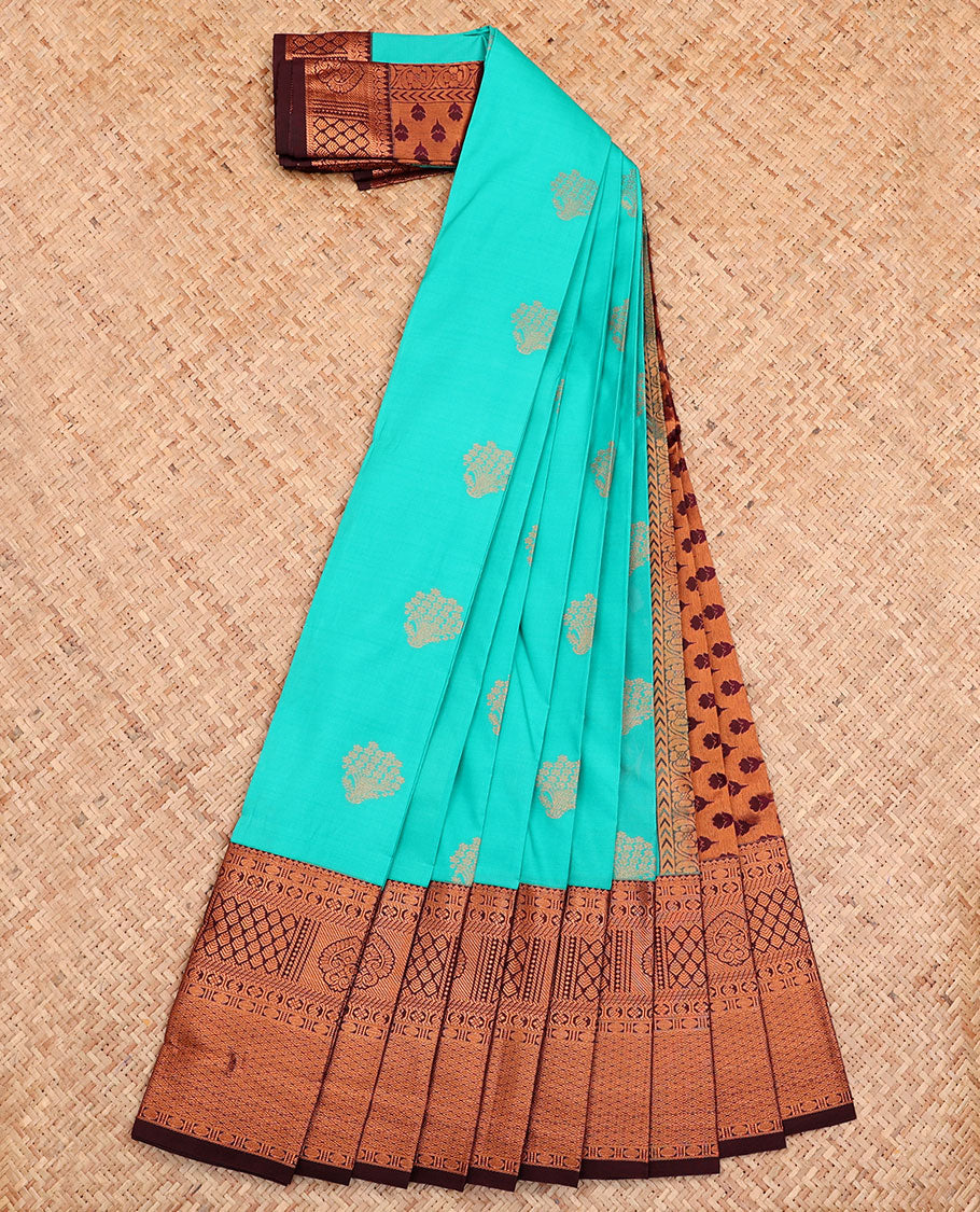 Blue Budget Silk Saree, Woven with Zari Buttas on Its Body, Complemented by a Contrast Traditional Zari Design Border, Grand Pallu, and Paired with a Contrast Blouse