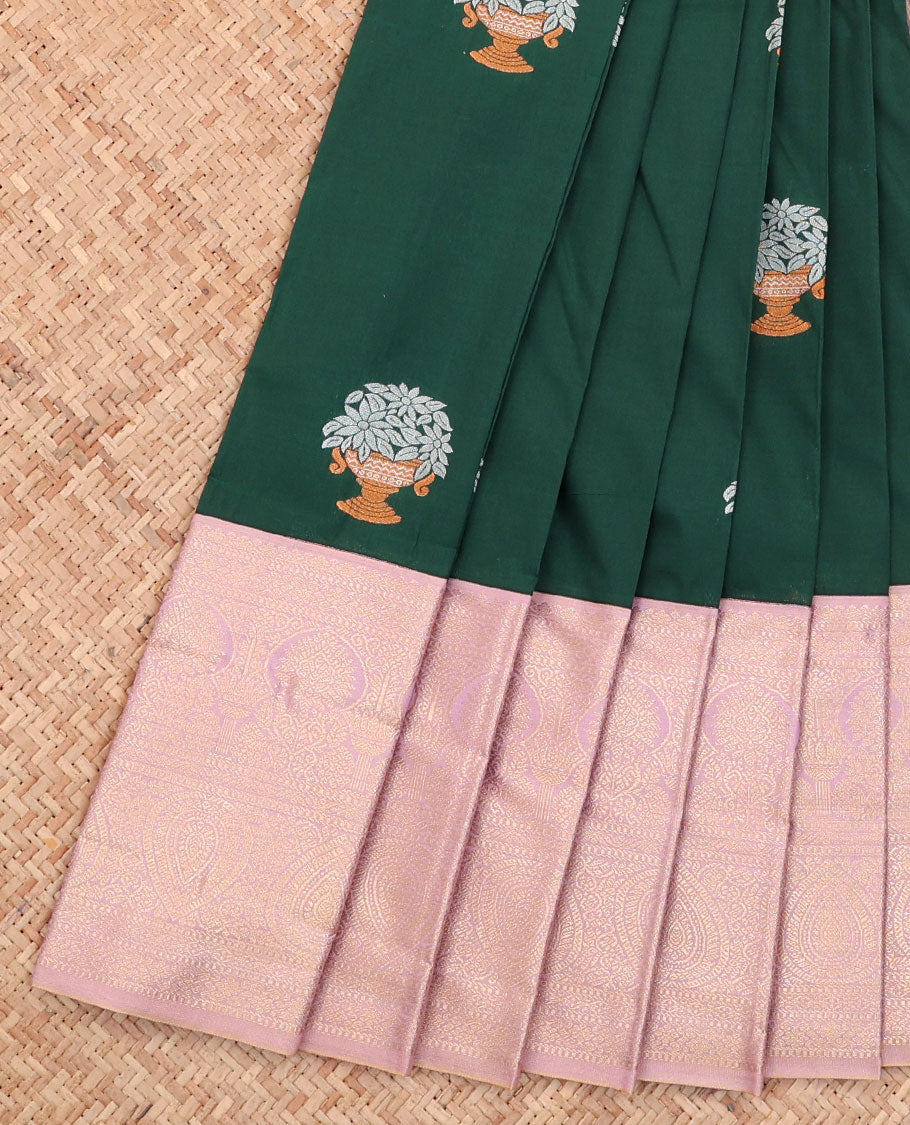 Green Budget Silk Saree, Elevated with Buttas All Over Its Body, Complemented by a Contrast Traditional Zari Design Border, Grand Pallu, and Paired with a Contrast Blouse