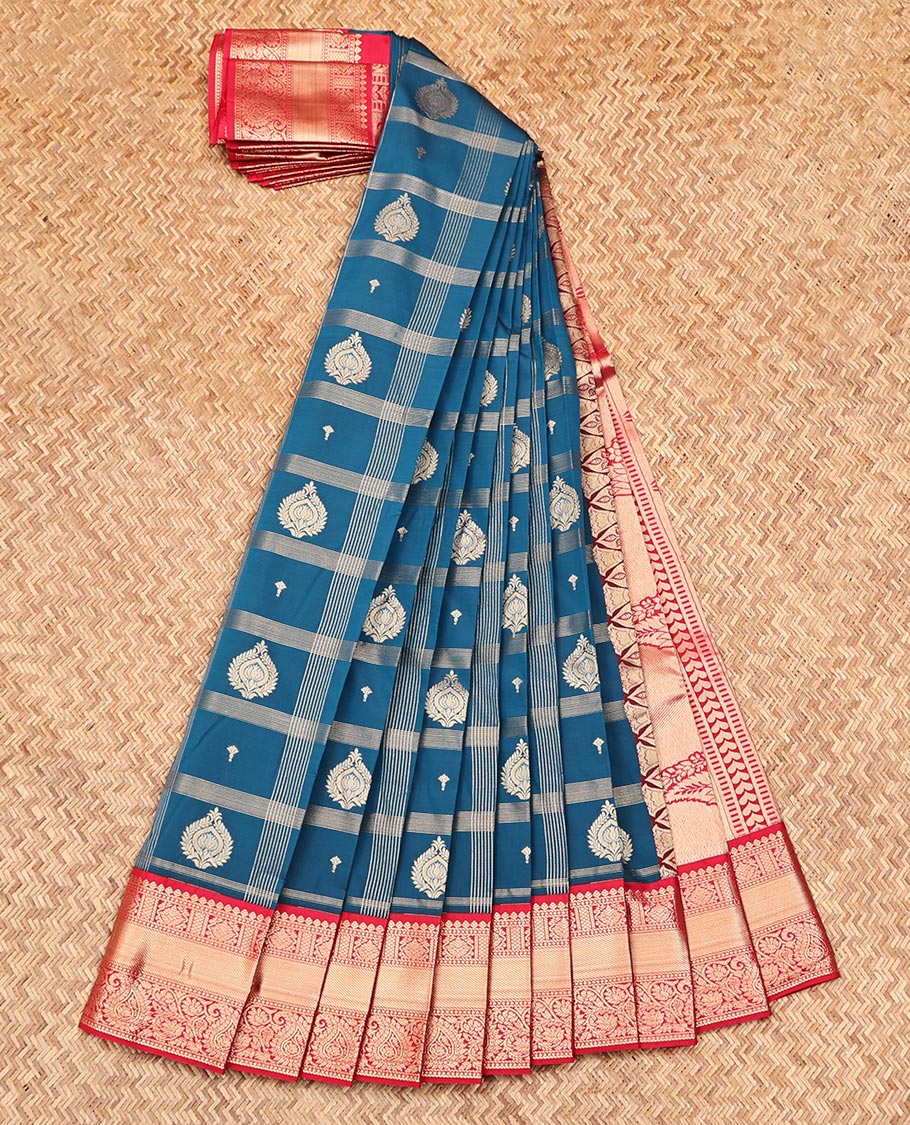 Blue Budget Silk Saree, Majestically Detailed with Zari Butta Enclosed Checks on Its Body, Complemented by a Contrast Traditional Zari Design Border, Intricately Designed Pallu, and Paired with a Contrast Blouse
