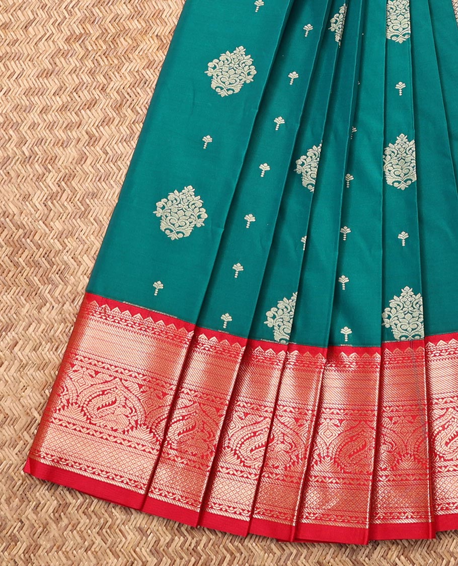 Green Budget Silk Saree, Embellished with Zari Buttas, Complemented by a Contrast Traditional Zari Border, Grand Pallu, and a Contrast Blouse