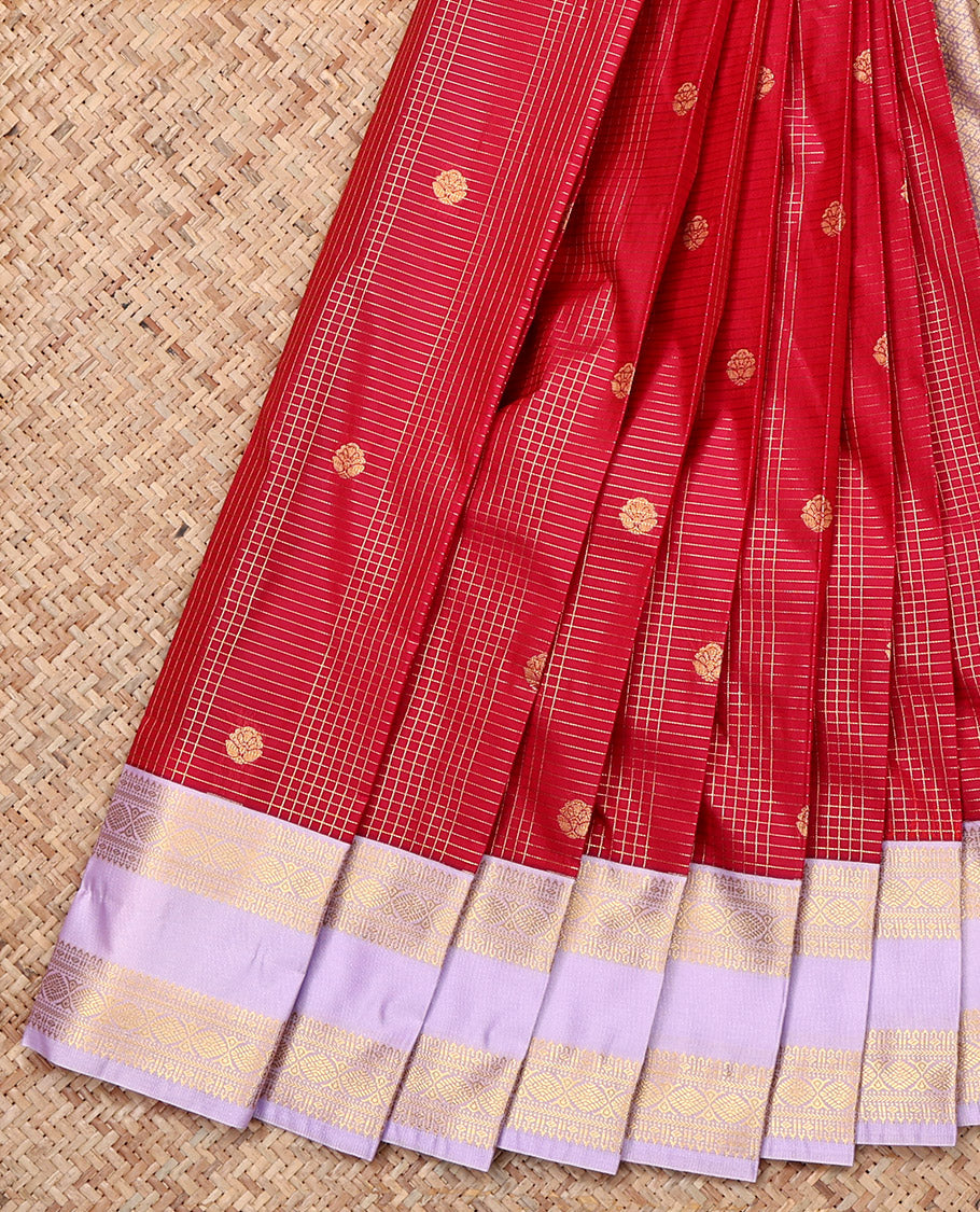 Red Budget Silk Saree, Detailed with Zari Buttas and Micro-Checks, a Contrast Traditional Zari Rettai Pettu Border, Intricate Pallu, and a Contrast Blouse