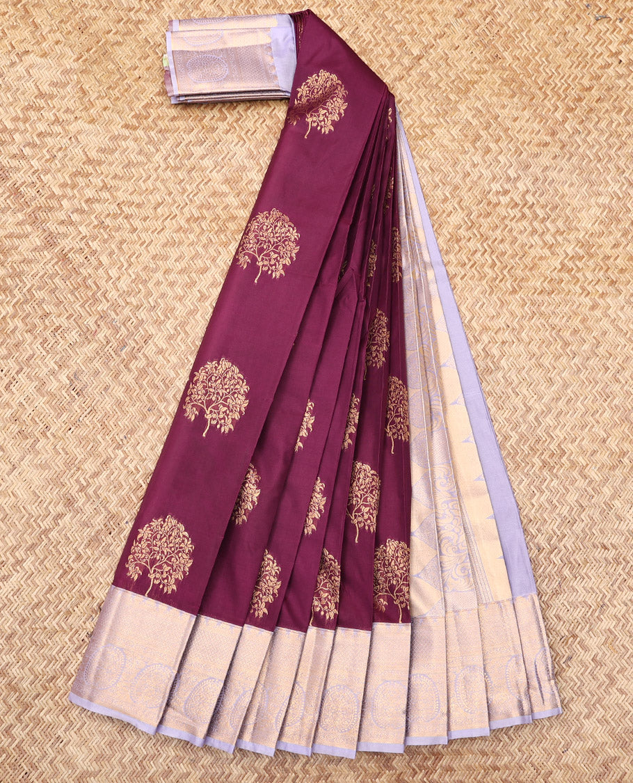 Purple Budget Silk Saree, Elevated with Tree Zari Buttas, Complemented by a Contrast Traditional Zari Border, Grand Pallu, and a Contrast Blouse