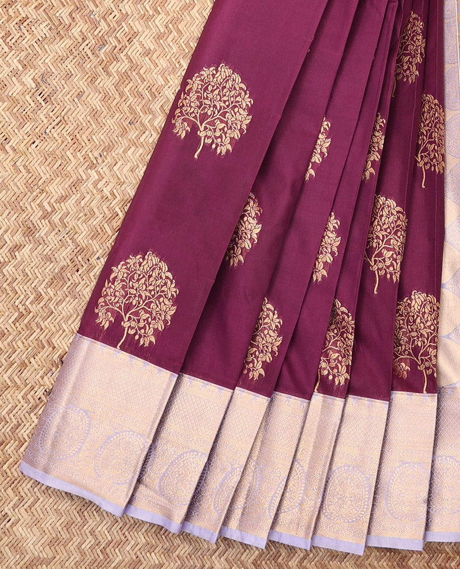 Purple Budget Silk Saree, Elevated with Tree Zari Buttas, Complemented by a Contrast Traditional Zari Border, Grand Pallu, and a Contrast Blouse