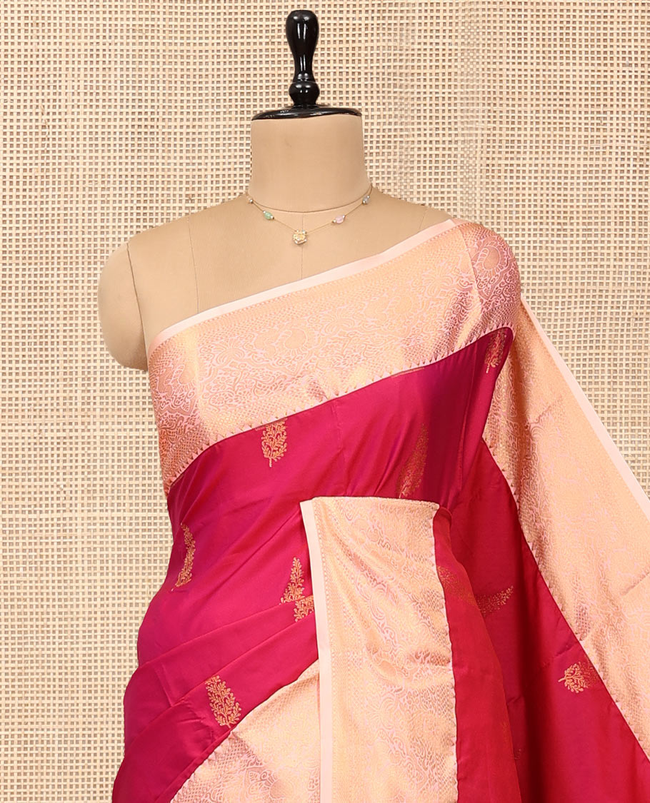 Pink Budget Silk Saree, Decorated with Zari Buttas, Complemented by a Contrast Traditional Zari Border, Jaal Pallu, and Contrast Blouse