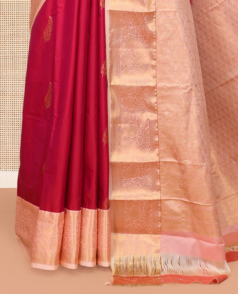 Pink Budget Silk Saree, Decorated with Zari Buttas, Complemented by a Contrast Traditional Zari Border, Jaal Pallu, and Contrast Blouse