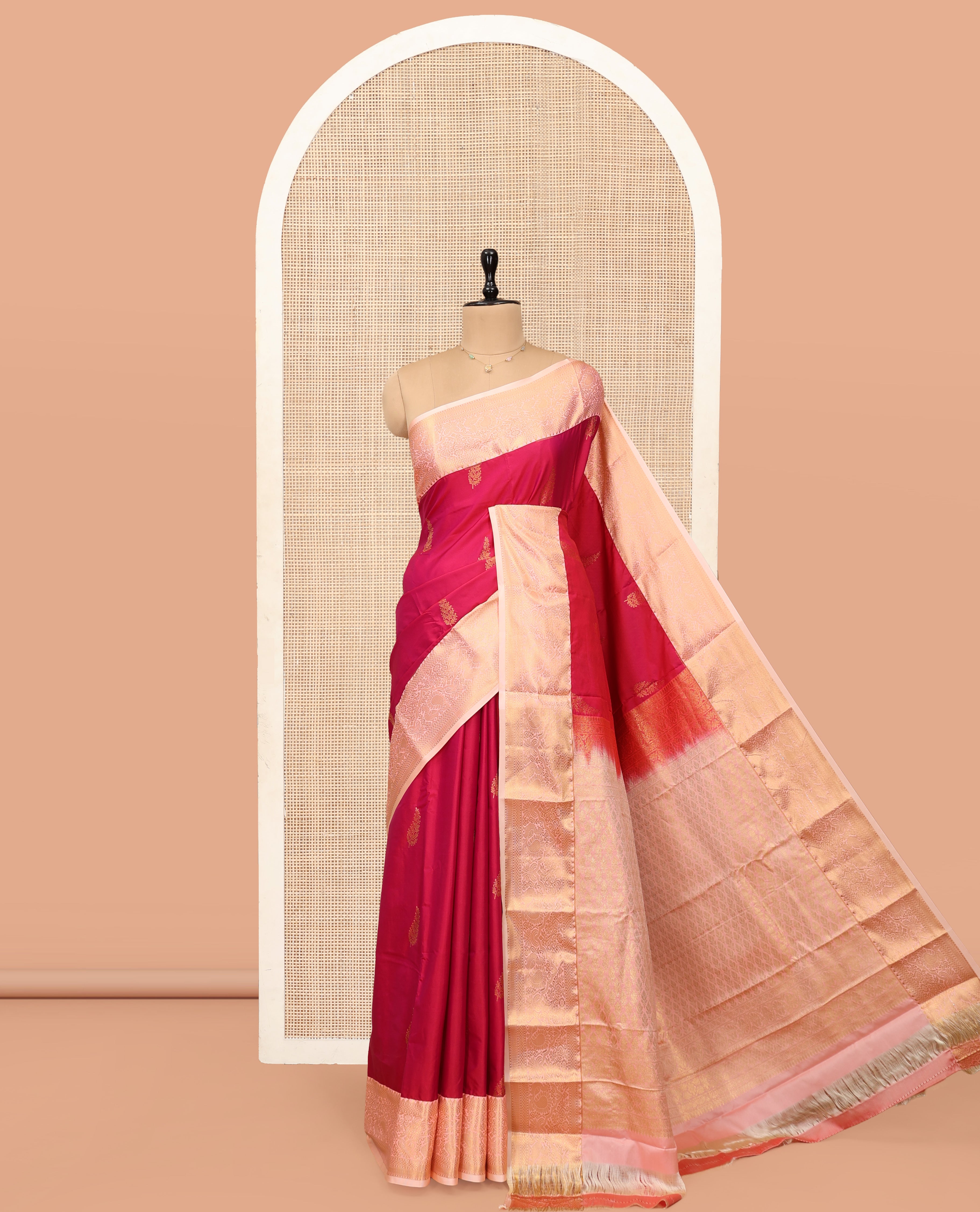 Pink Budget Silk Saree, Decorated with Zari Buttas, Complemented by a Contrast Traditional Zari Border, Jaal Pallu, and Contrast Blouse