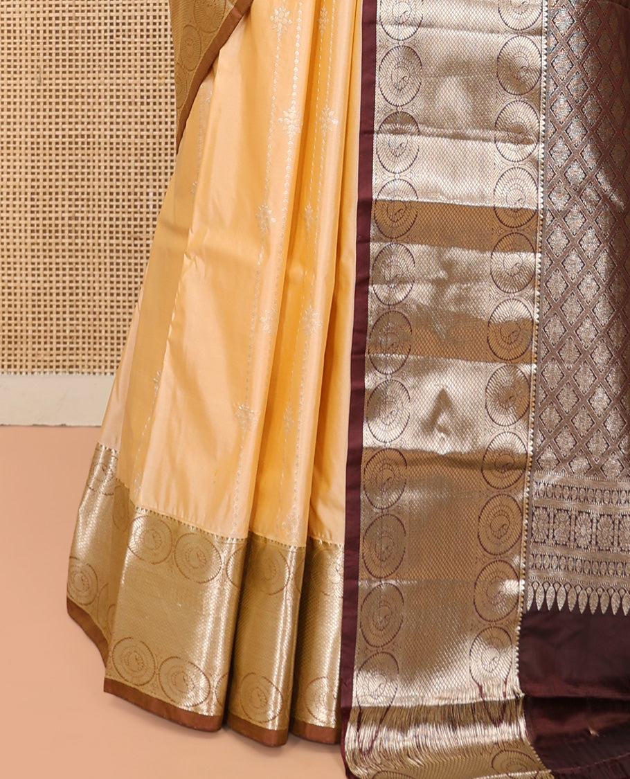 Sandal Budget Silk Saree, Sparsely Woven with Zari Designs, Complemented by a Contrast Traditional Zari Border, Grand Jaal Pallu, and Contrast Blouse