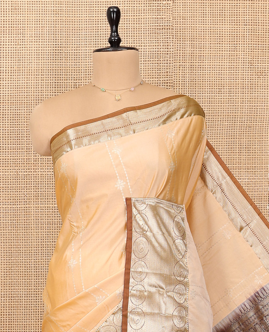 Sandal Budget Silk Saree, Sparsely Woven with Zari Designs, Complemented by a Contrast Traditional Zari Border, Grand Jaal Pallu, and Contrast Blouse