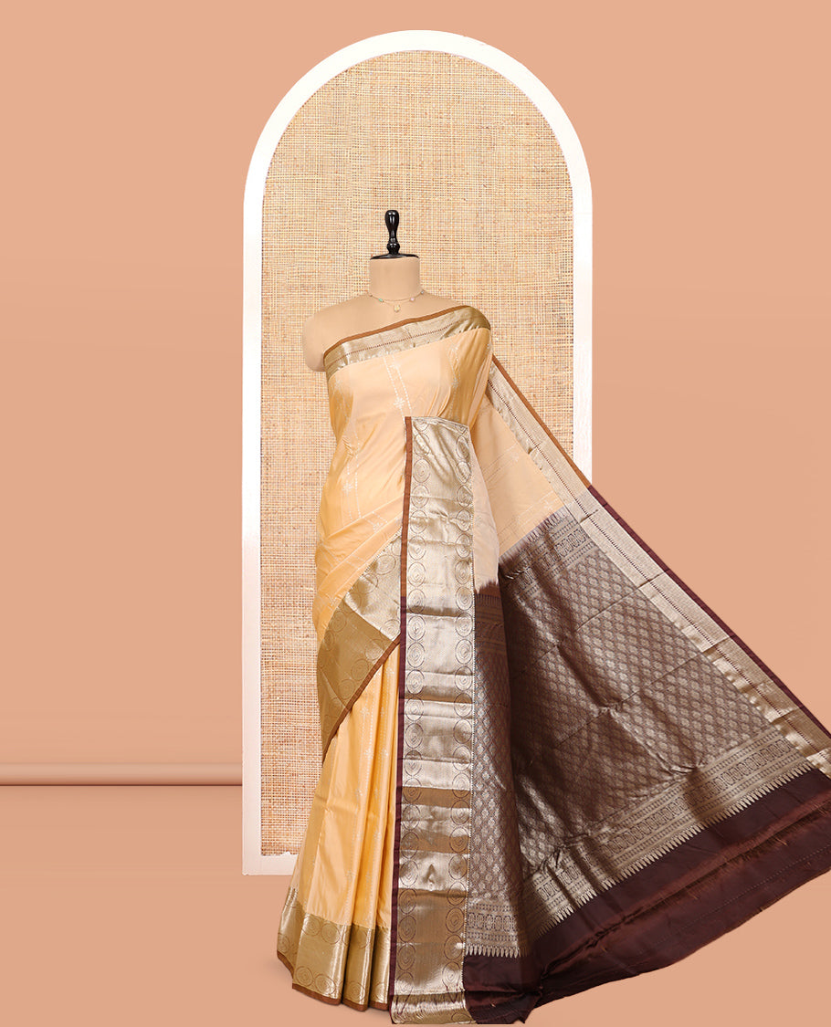 Sandal Budget Silk Saree, Sparsely Woven with Zari Designs, Complemented by a Contrast Traditional Zari Border, Grand Jaal Pallu, and Contrast Blouse