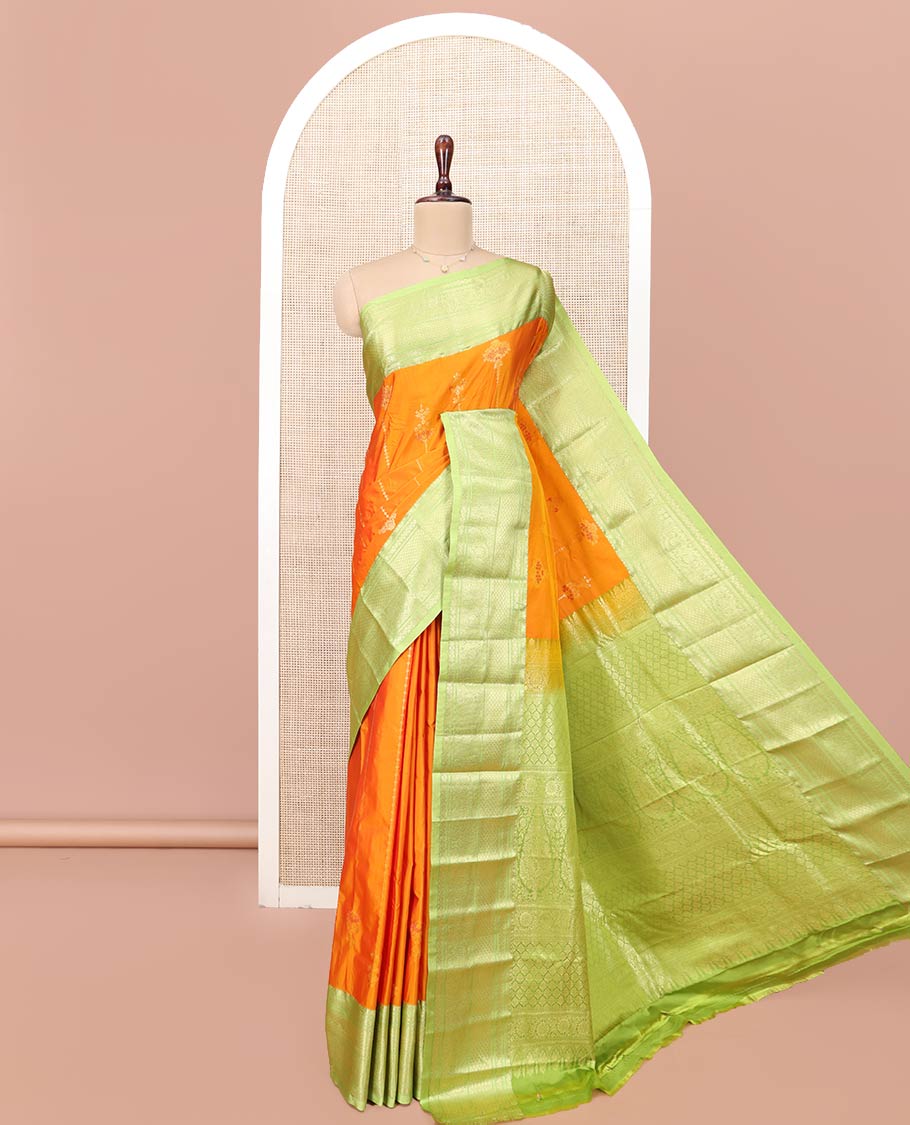 Orange Budget Silk Saree, Adorned with Zari Designs All Over Its Body, Complemented by a Contrast Traditional Zari Design Border, Grand Pallu of Intricate Designs, and Paired with a Contrast Blouse