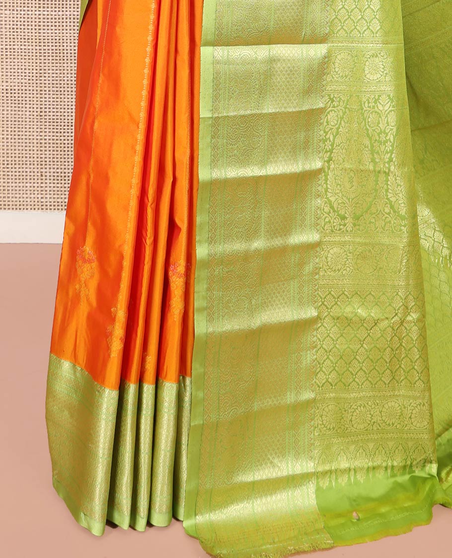 Orange Budget Silk Saree, Adorned with Zari Designs All Over Its Body, Complemented by a Contrast Traditional Zari Design Border, Grand Pallu of Intricate Designs, and Paired with a Contrast Blouse