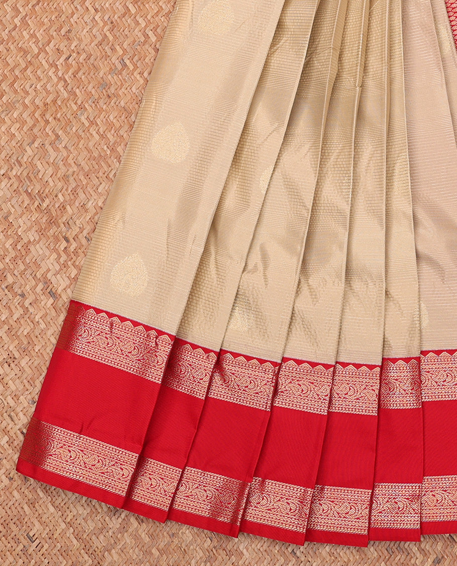 Beige Budget Silk Saree, Sparsely Woven with Buttas and Stripes All Over Its Body, Complemented by Contrast Traditional Zari Designs Rettai Pettu Border, Grand Jaal Pallu and Paired with a Contrast Blouse