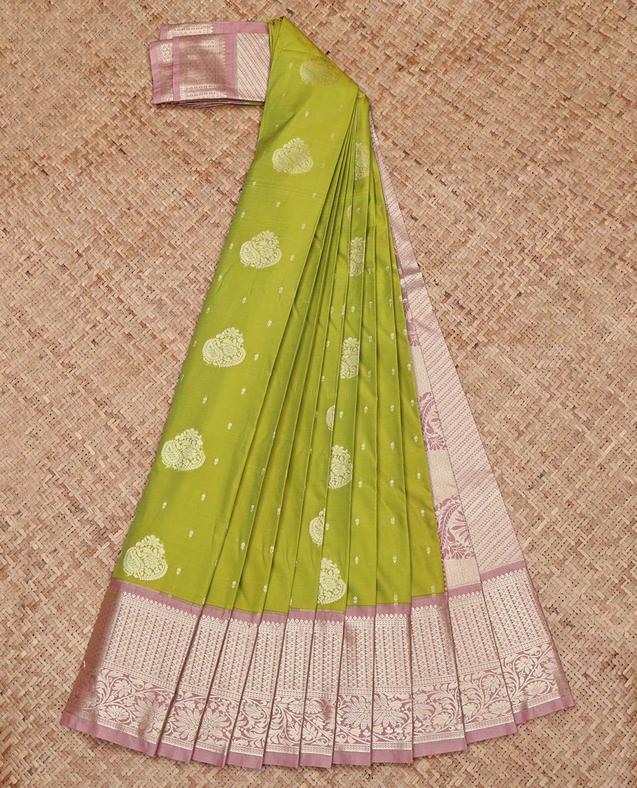 Green Budget Silk Saree, Bedecked with Zari Buttas on Its Body, Complemented by a Contrast Traditional Zari Design Border, Intricately Designed Pallu, and Paired with a Contrast Blouse