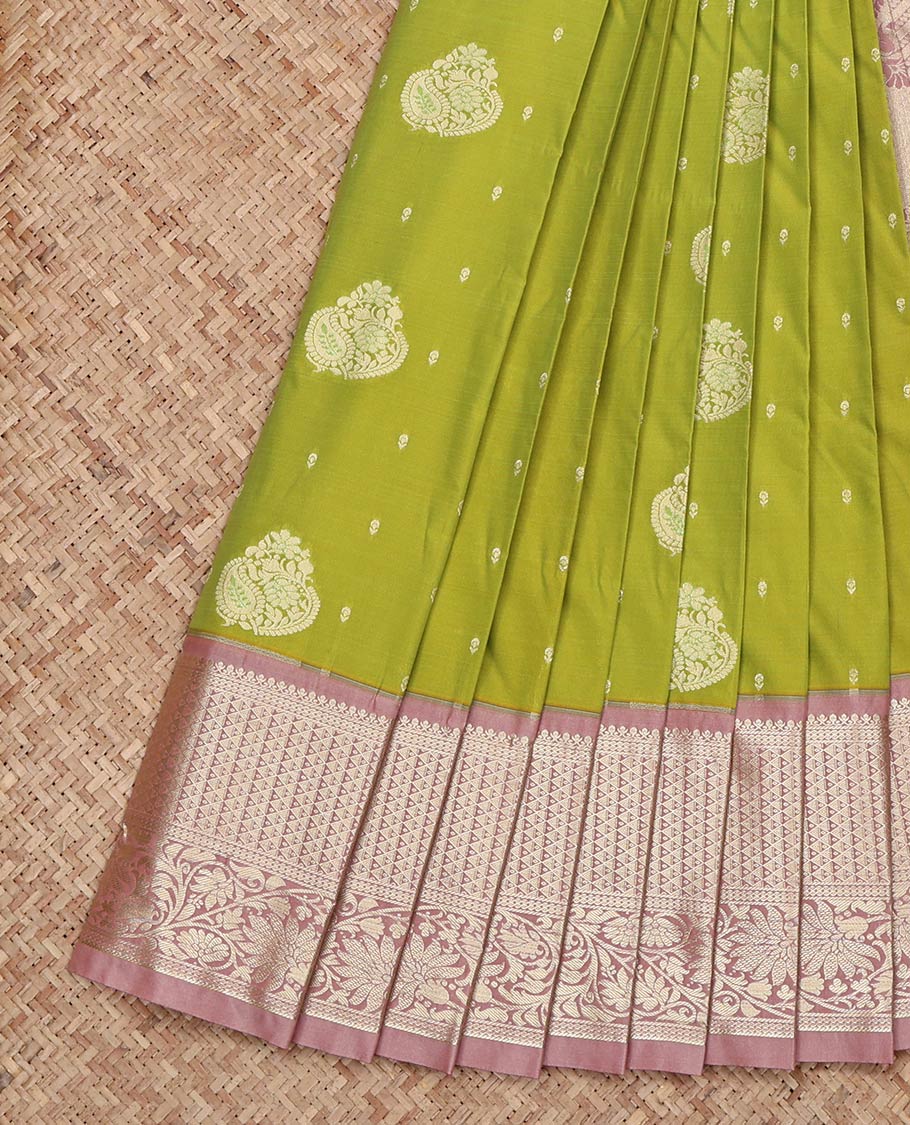 Green Budget Silk Saree, Bedecked with Zari Buttas on Its Body, Complemented by a Contrast Traditional Zari Design Border, Intricately Designed Pallu, and Paired with a Contrast Blouse