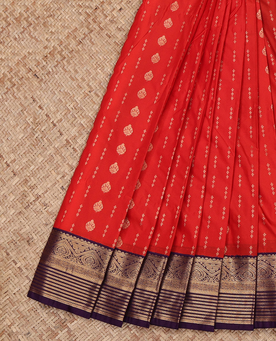 Red Budget Silk Saree, Delicately Woven with Zari Buttas All Over Its Body, Complemented by a Contrast Traditional Zari Design Border, Grand Jaal Pallu, and Paired with a Contrast Blouse