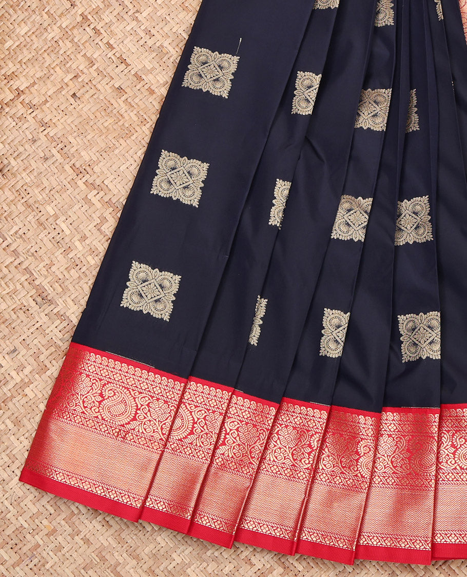 Navy Blue Budget Silk Saree, Spotlighted with Zari Buttas on Its Body, Complemented by a Contrast Traditional Zari Design Border, Grand Pallu, and Paired with a Contrast Blouse