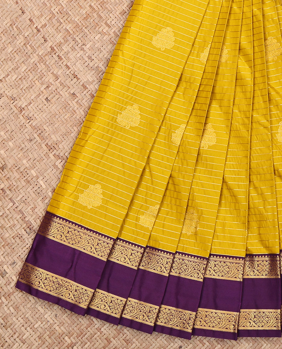 Yellow Budget Silk Saree, Sparsely Threaded with Buttas and Stripes, Complemented by Contrast Traditional Rettai Pettu Border, Jaal Pallu and a Contrast Blouse