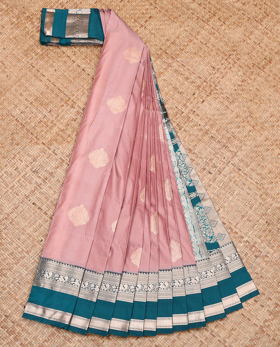 Rosewood Pink Budget Silk Saree, Detailed with Zari Buttas, Complemented by a Contrast Traditional Zari Rettai Pettu Border, Grand Pallu, and a Contrast Blouse
