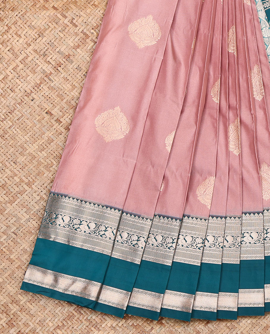Rosewood Pink Budget Silk Saree, Detailed with Zari Buttas, Complemented by a Contrast Traditional Zari Rettai Pettu Border, Grand Pallu, and a Contrast Blouse