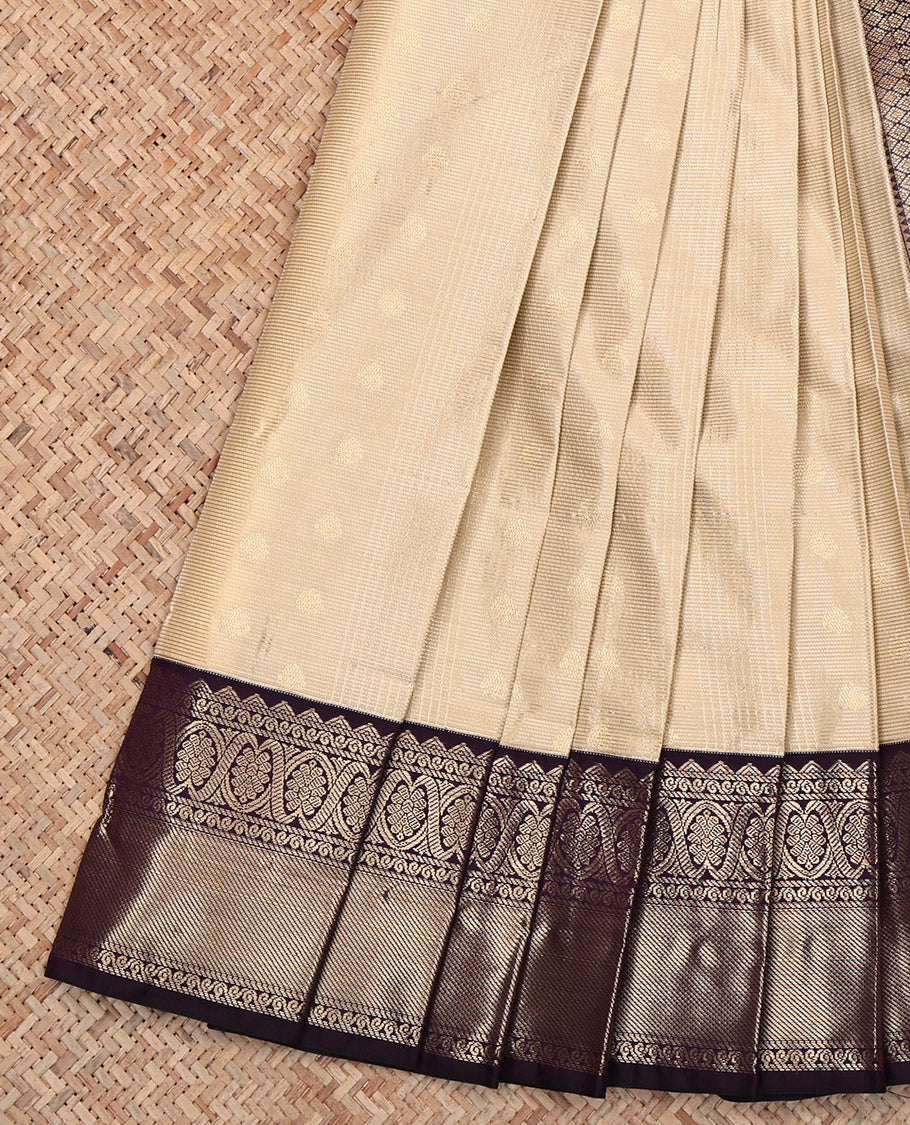 Beige Budget Silk Saree, Sparsely Woven with Buttas and Stripes, Complemented by a Contrast Traditional Zari Border, Grand Pallu, and a Contrast Blouse