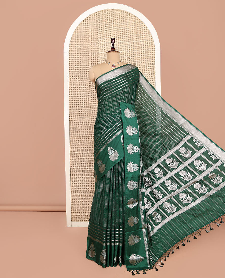 Green Assam Silk Saree, Beautified with Zari Checks, Highlighted by a Traditional Zari Border, Floral Butta Enclosed Checks Pallu, and a Matching Blouse