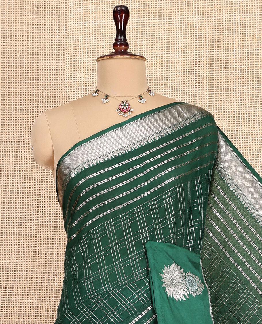 Green Assam Silk Saree, Beautified with Zari Checks, Highlighted by a Traditional Zari Border, Floral Butta Enclosed Checks Pallu, and a Matching Blouse