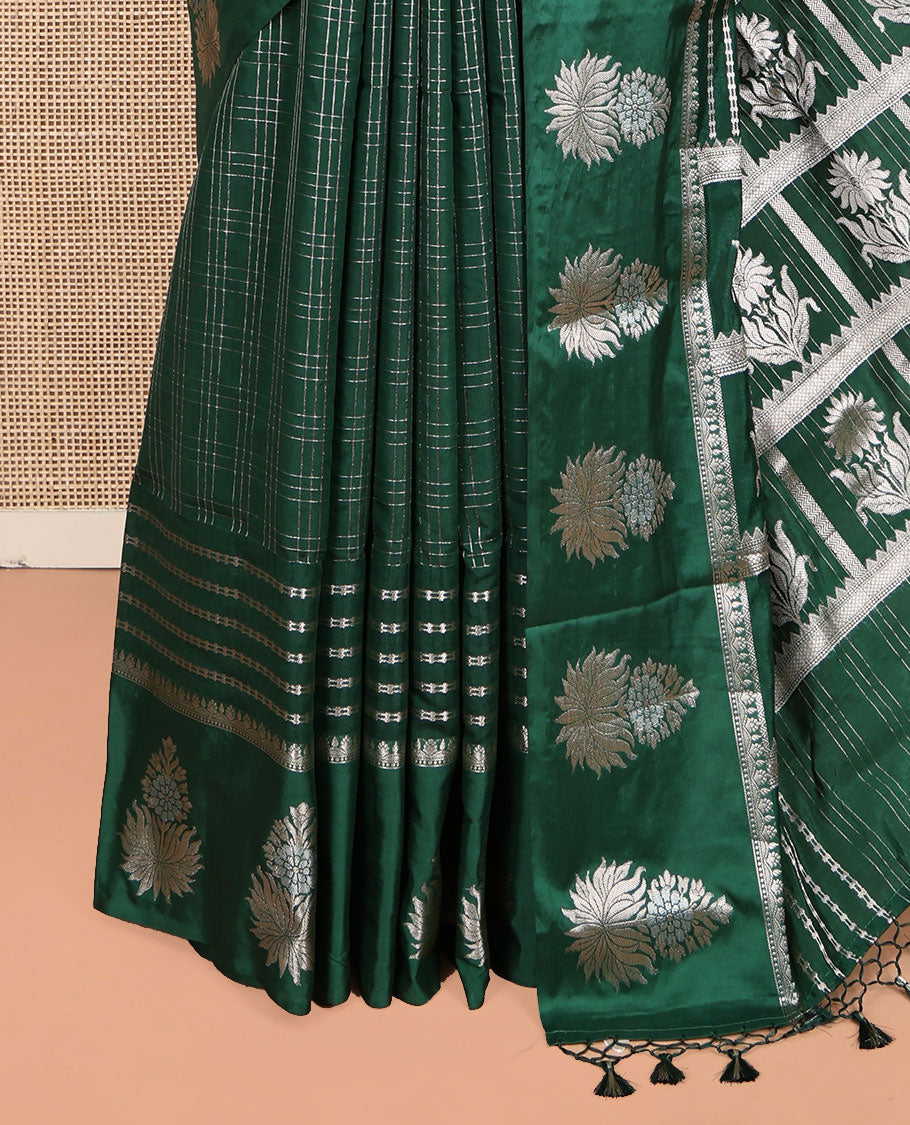 Green Assam Silk Saree, Beautified with Zari Checks, Highlighted by a Traditional Zari Border, Floral Butta Enclosed Checks Pallu, and a Matching Blouse