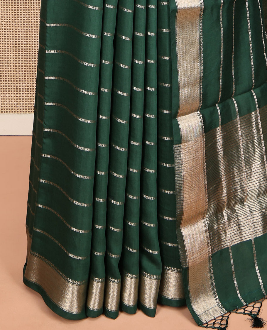 Green Assam Silk Saree, Embellished with Zari Stripes, a Traditional Zari Border, a Pallu Steeped with Zari Stripes