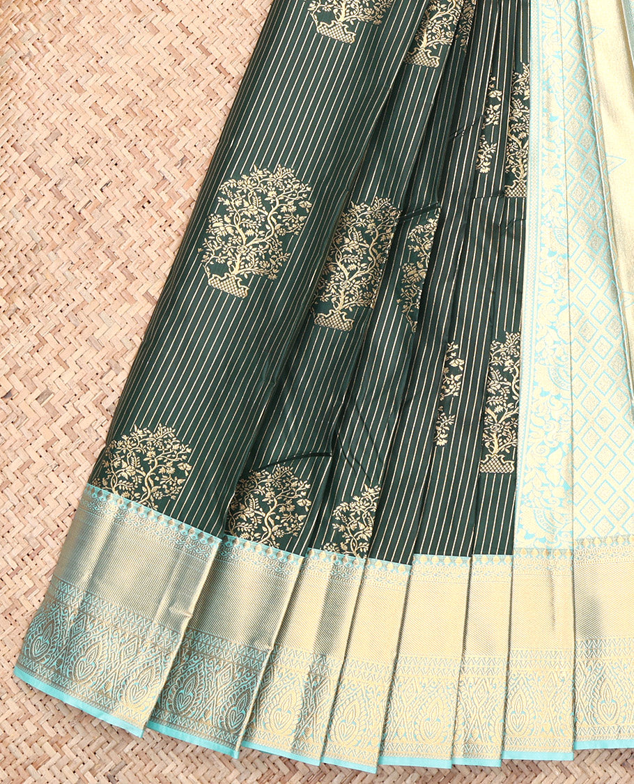 Green Budget Silk Saree, Detailed with Zari Buttas and Stripes, Contrast Traditional Zari Border, Jaal Pallu, and a Contrast Blouse