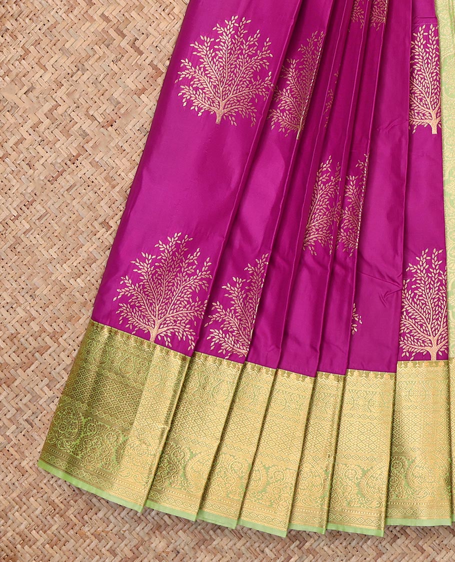 Purple Budget Silk Saree, Entralled with Tree Motifs, Complemented by Contrast Traditional Zari Border, Grand Pallu and a Contrast Blouse