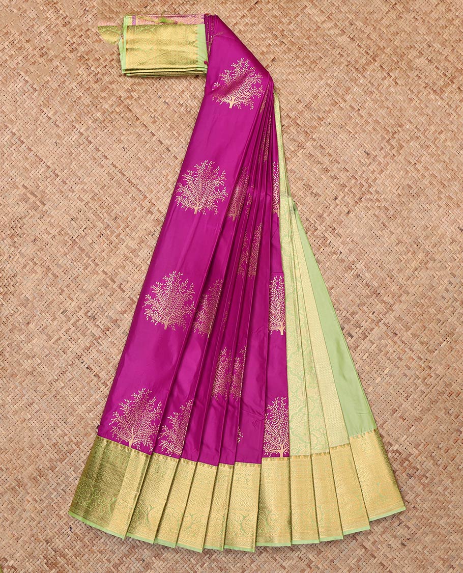Purple Budget Silk Saree, Entralled with Tree Motifs, Complemented by Contrast Traditional Zari Border, Grand Pallu and a Contrast Blouse