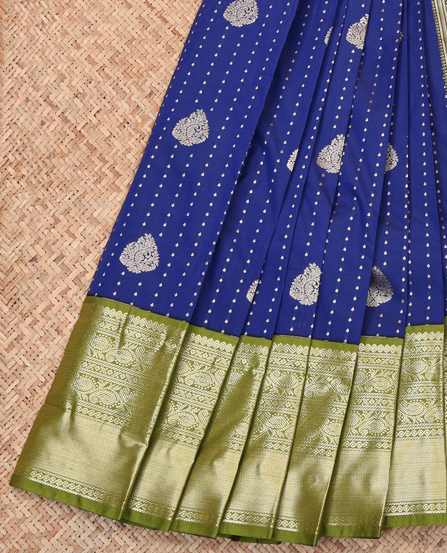 Blue Budget Silk Saree, Finely Crafted with Zari Buttas, Complemented by Contrast Traditional Zari Border, Grand Pallu, and a Contrast Blouse