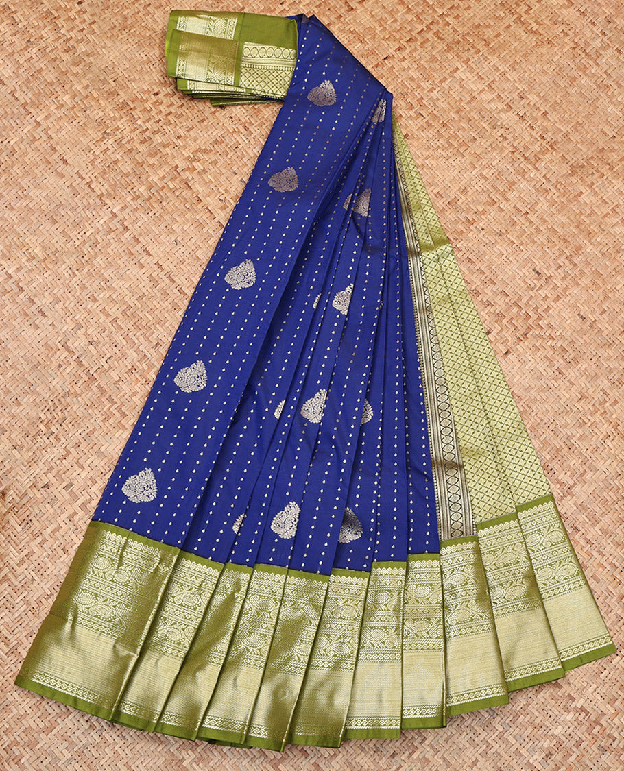 Blue Budget Silk Saree, Finely Crafted with Zari Buttas, Complemented by Contrast Traditional Zari Border, Grand Pallu, and a Contrast Blouse